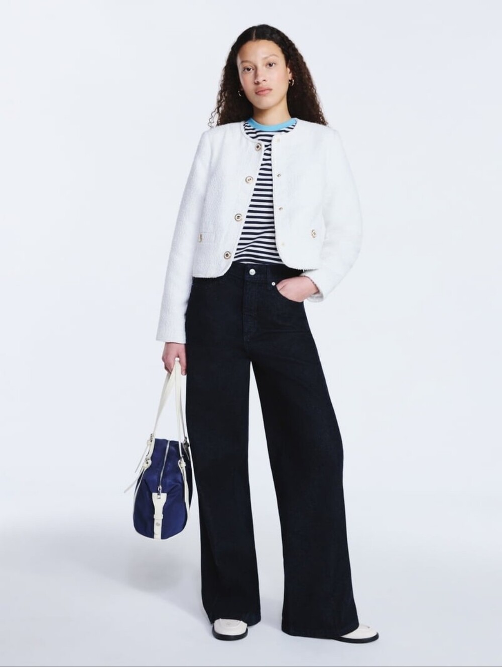 Free Assembly Women's Collarless Nubby Tweed Jacket Long Sleeve Button Up White